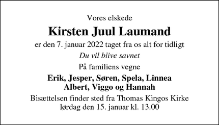 Dødsannoncen for Kirsten Juul Laumand - Fyens