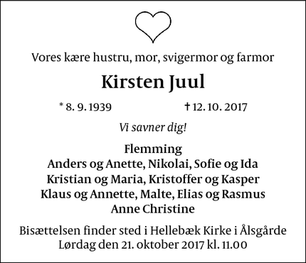 Dødsannoncen for Kirsten Juul - Ålsgårde