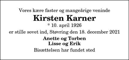 Dødsannoncen for Kirsten Karner - 9530 Støvring