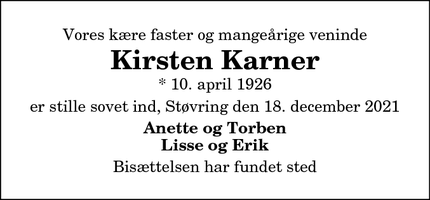 Dødsannoncen for Kirsten Karner - 9530 Støvring