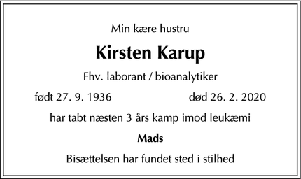 Dødsannoncen for Kirsten Karup - Albertslund
