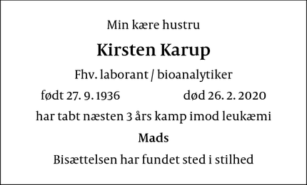 Dødsannoncen for Kirsten Karup - Albertslund