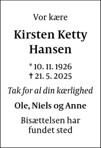 Dødsannoncen for Kirsten Ketty
Hansen - Kongens Lyngby