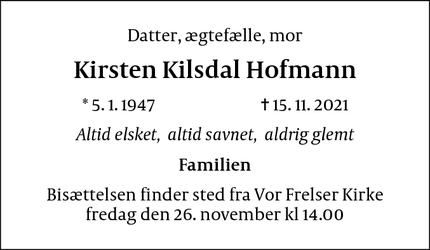 Dødsannoncen for Kirsten Kilsdal Hofmann - Farum