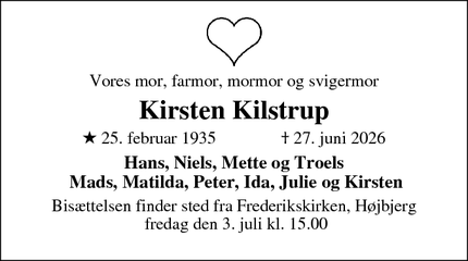 Dødsannoncen for Kirsten Kilstrup - Højbjerg