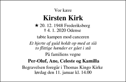 Dødsannoncen for Kirsten Kirk - Odense M