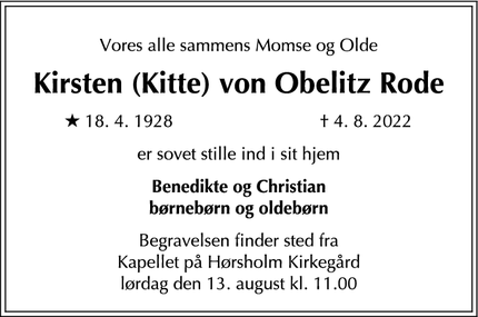 Dødsannoncen for Kirsten (Kitte) von Obelitz Rode - Rungsted Kyst