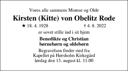Dødsannoncen for Kirsten (Kitte) von Obelitz Rode - Rungsted Kyst