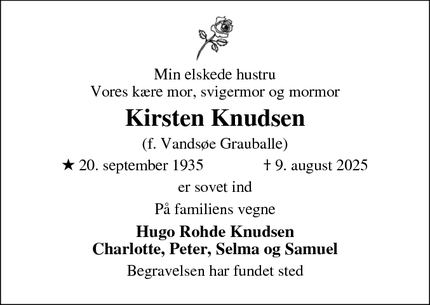 Dødsannoncen for Kirsten Knudsen - Åbyhøj