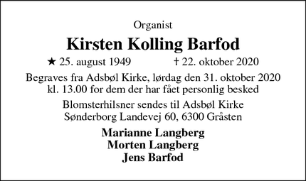 Dødsannoncen for Kirsten Kolling Barfod - Humlebæk