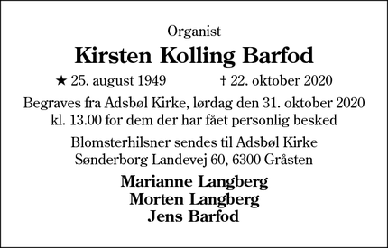 Dødsannoncen for Kirsten Kolling Barfod - Humlebæk