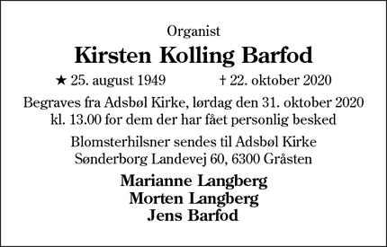 Dødsannoncen for Kirsten Kolling Barfod - Humlebæk