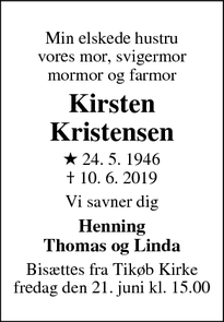 Dødsannoncen for Kirsten Kristensen - Helsingør