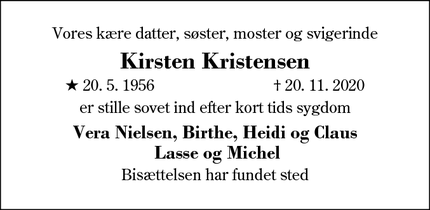 Dødsannoncen for Kirsten Kristensen - ingen