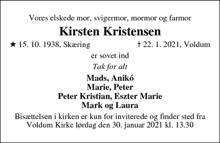 Dødsannoncen for Kirsten Kristensen - Voldum