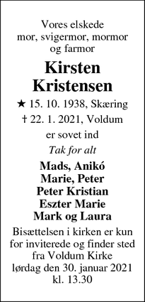 Dødsannoncen for Kirsten Kristensen - Voldum