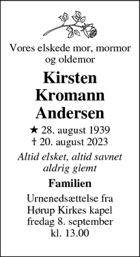 Dødsannoncen for Kirsten Kromann
Andersen - Kjellerup