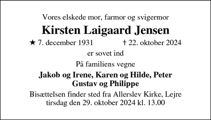 Dødsannoncen for Kirsten Laigaard Jensen - Lejre