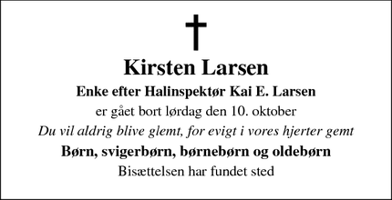 Dødsannoncen for Kirsten Larsen - Solrød Strand