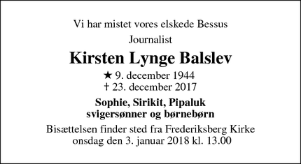Dødsannoncen for Kirsten Lynge Balslev - Frederiksberg