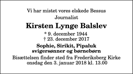 Dødsannoncen for Kirsten Lynge Balslev - Frederiksberg