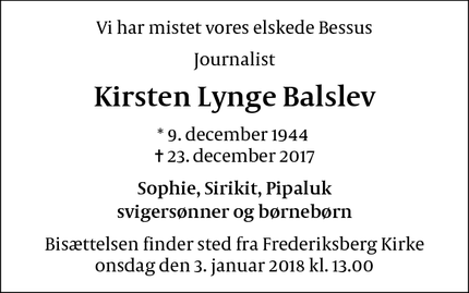 Dødsannoncen for Kirsten Lynge Balslev - Frederiksberg