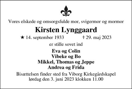 Dødsannoncen for Kirsten Lynggaard - Viborg