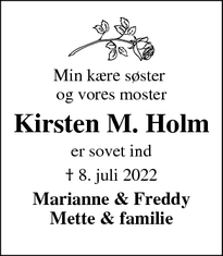 Dødsannoncen for Kirsten M. Holm - Esbjerg