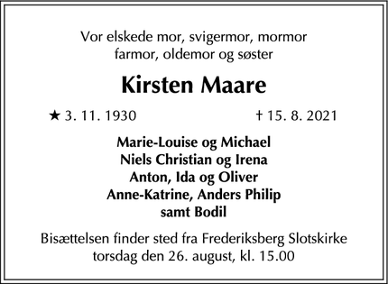 Dødsannoncen for Kirsten Maare - Frederiksberg