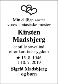 Dødsannoncen for Kirsten Madsbjerg - Gudhjem 