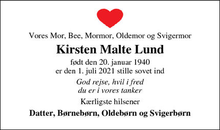 Dødsannoncen for Kirsten Malte Lund - Fredensborg