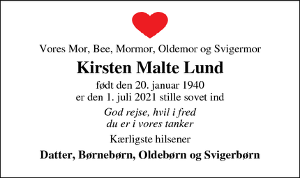 Dødsannoncen for Kirsten Malte Lund - Fredensborg