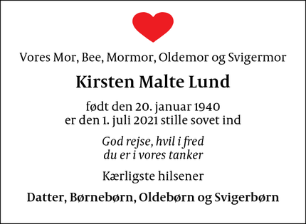 Dødsannoncen for Kirsten Malte Lund - Fredensborg
