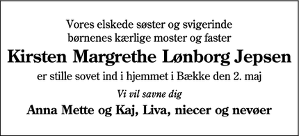 Dødsannoncen for Kirsten Margrethe Lønborg Jepsen - Bække