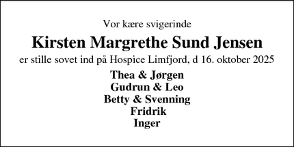 Dødsannoncen for Kirsten Margrethe Sund Jensen - Hurup Thy