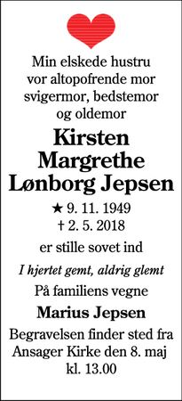 Dødsannoncen for Kirsten Margrethe
Lønborg Jepsen - Bække