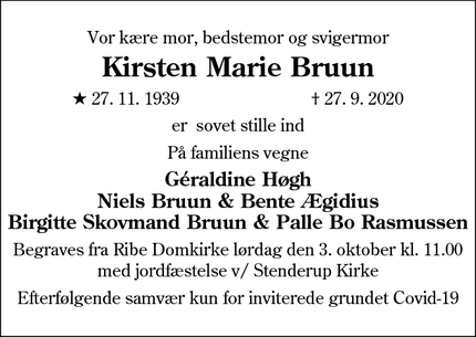 Dødsannoncen for Kirsten Marie Bruun - Odense M