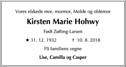Dødsannoncen for Kirsten Marie Hohwy - Hørsholm