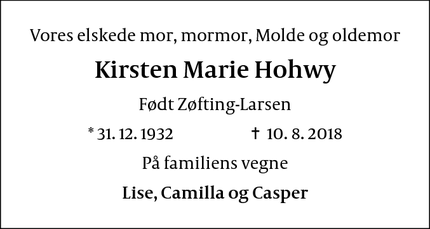 Dødsannoncen for Kirsten Marie Hohwy - Hørsholm