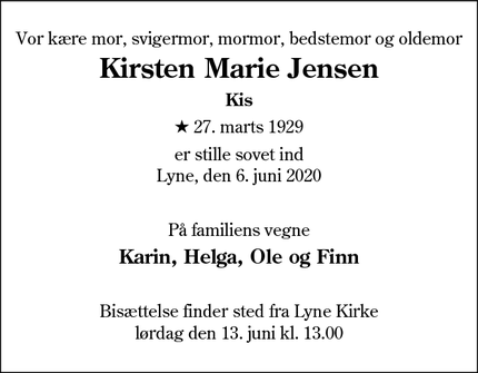 Dødsannoncen for Kirsten Marie Jensen - Lyne