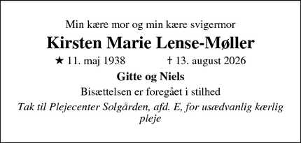 Dødsannoncen for Kirsten Marie Lense-M&oslash;ller - Virum