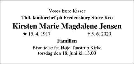 Dødsannoncen for Kirsten Marie Magdalene Jensen - 2630 Taastrup