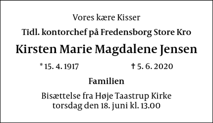 Dødsannoncen for Kirsten Marie Magdalene Jensen - 2630 Taastrup