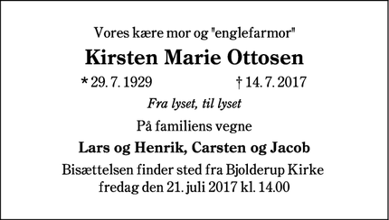 Dødsannoncen for Kirsten Marie Ottosen - Tinglev