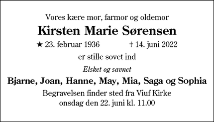 Dødsannoncen for Kirsten Marie Sørensen - 6000 Kolding