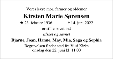 Dødsannoncen for Kirsten Marie Sørensen - 6000 Kolding