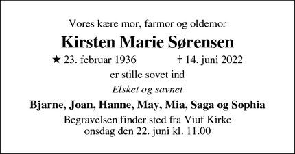 Dødsannoncen for Kirsten Marie Sørensen - 6000 Kolding