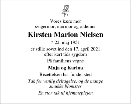 Dødsannoncen for Kirsten Marion Nielsen - Fuglebjerg