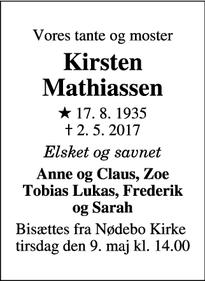 Dødsannoncen for Kirsten Mathiassen - Nødebo
