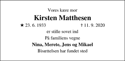 Dødsannoncen for Kirsten Matthesen - Lemvig